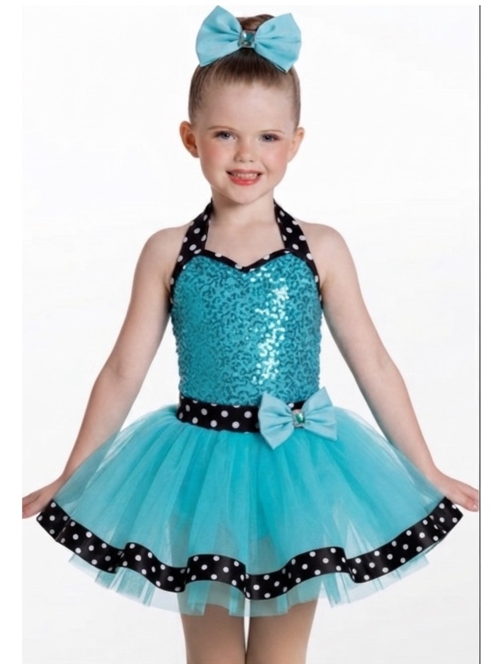 Weissman | Boogie Fever Teal Sequin Tutu Dress with Black Polka Dot Trim, IC